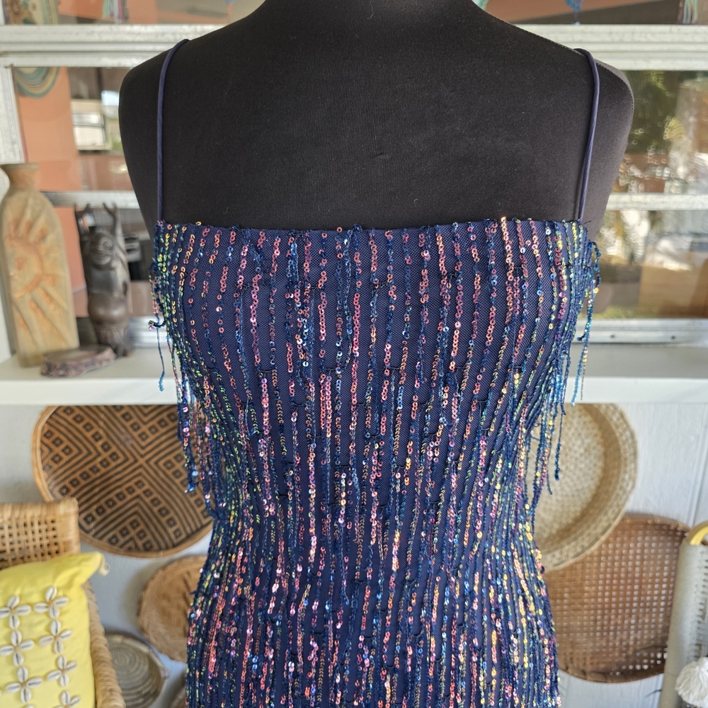 Windsor Large Khloe Sequin Fringe Party Dress Stretchy Navy Fringe Dress - Picture 9 of 12